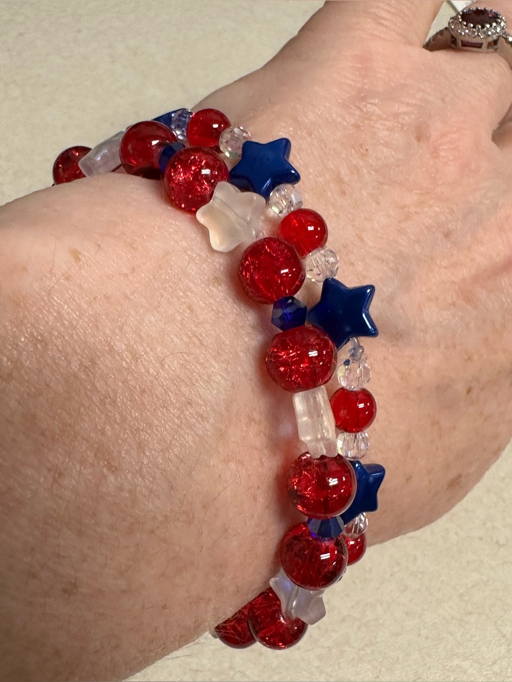 Patriotic Red & Blue Star Bead Stretch Bracelet set of 2 Glass and crystal beads